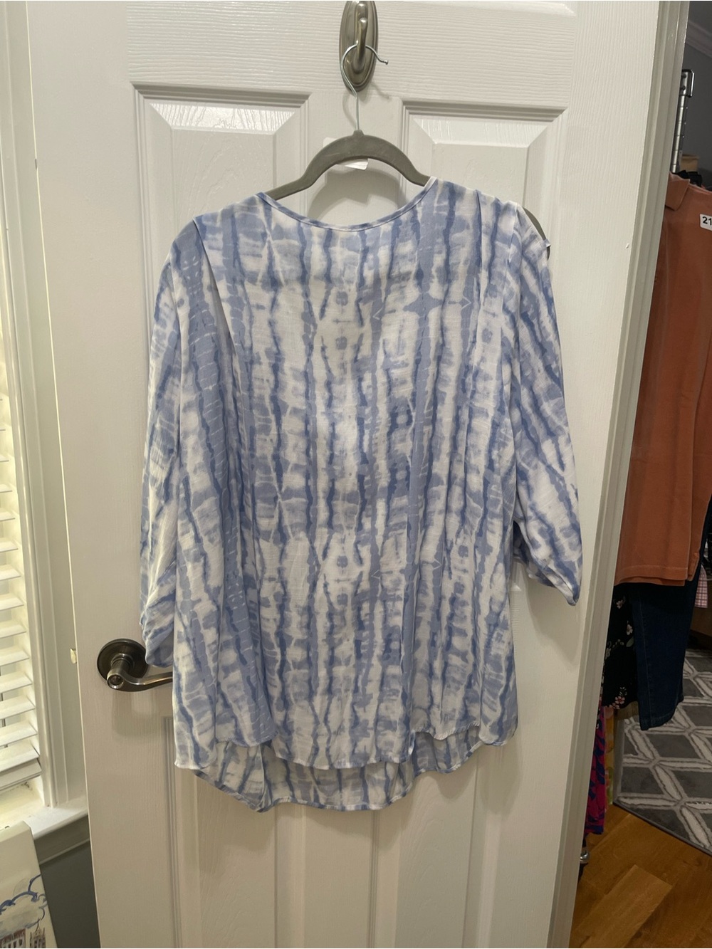 Cato Blue and White Tie-Dye Peasant Blouse with Front Tie - Picture 12 of 13